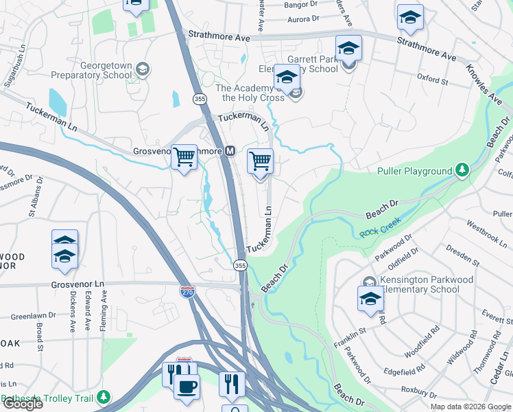 map of restaurants, bars, coffee shops, grocery stores, and more near 10306 Strathmore Hall Street in North Bethesda