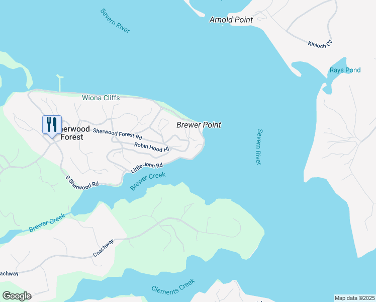 map of restaurants, bars, coffee shops, grocery stores, and more near 723 Robin Hood Hill in Annapolis