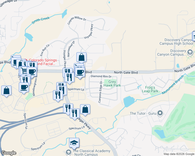 map of restaurants, bars, coffee shops, grocery stores, and more near 1485 Diamond Rim Drive in Colorado Springs