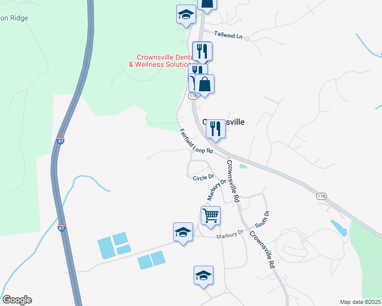 map of restaurants, bars, coffee shops, grocery stores, and more near 45 Community Place in Crownsville