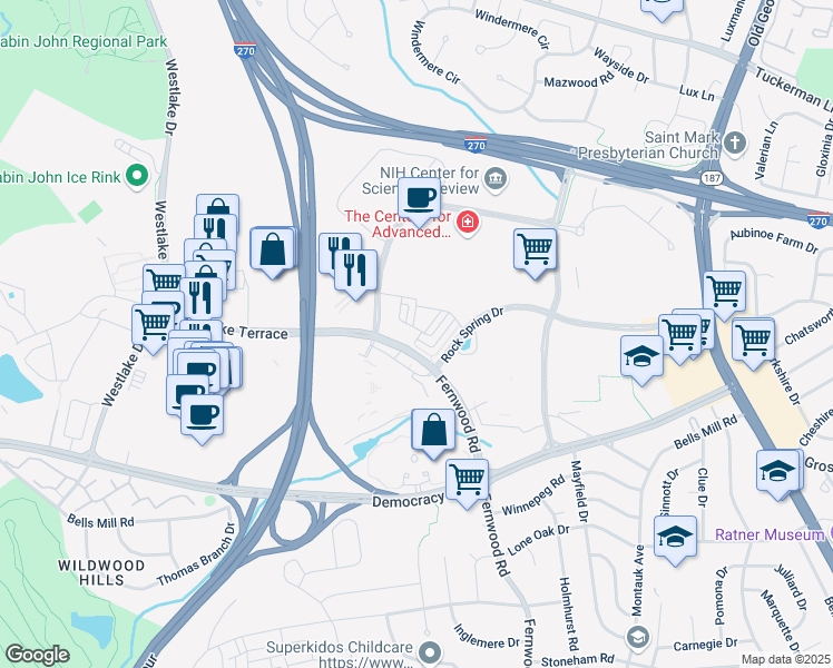 map of restaurants, bars, coffee shops, grocery stores, and more near 6660 Eames Way in Bethesda