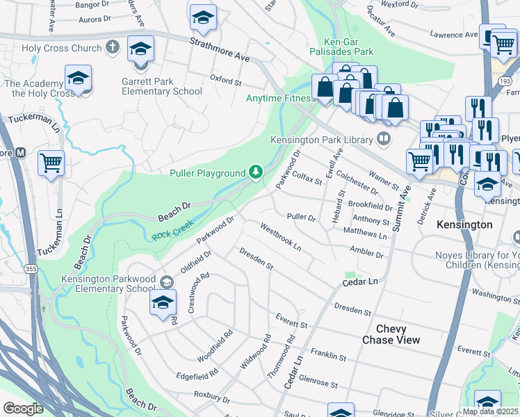 map of restaurants, bars, coffee shops, grocery stores, and more near 10306 Greenfield Street in Kensington