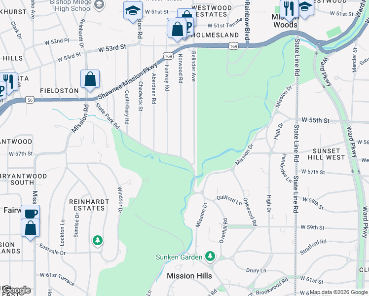 map of restaurants, bars, coffee shops, grocery stores, and more near 5620 Belinder Avenue in Fairway