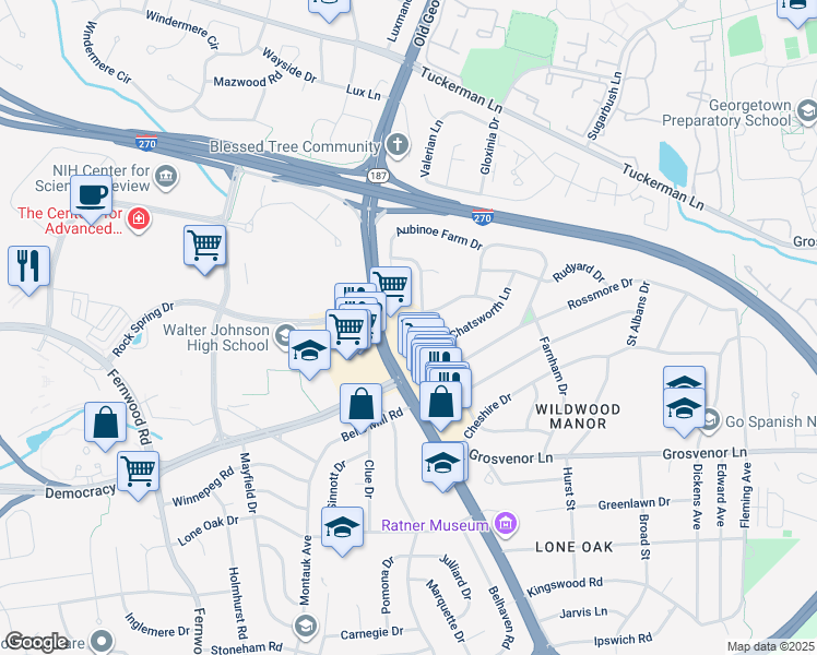 map of restaurants, bars, coffee shops, grocery stores, and more near 10339 Old Georgetown Road in Bethesda