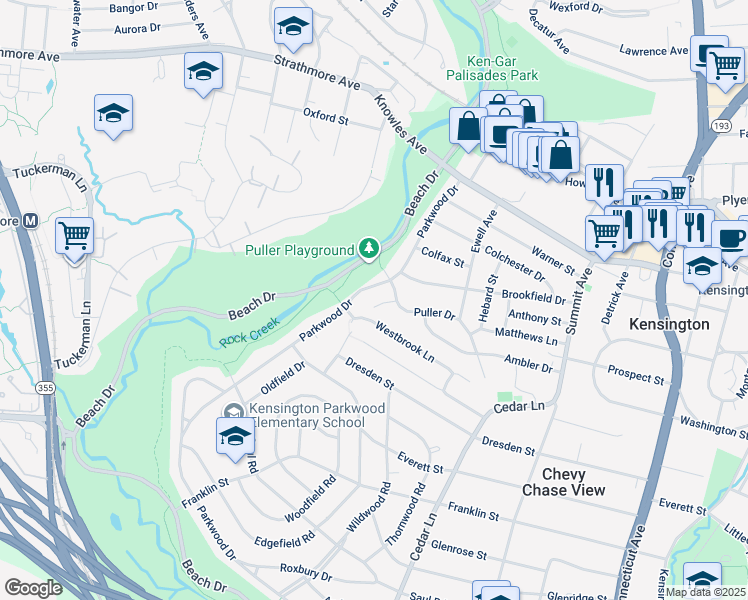 map of restaurants, bars, coffee shops, grocery stores, and more near 10306 Greenfield Street in Kensington