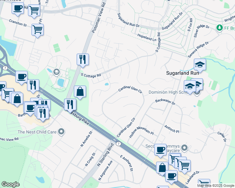 map of restaurants, bars, coffee shops, grocery stores, and more near 316 Cardinal Glen Circle in Sterling