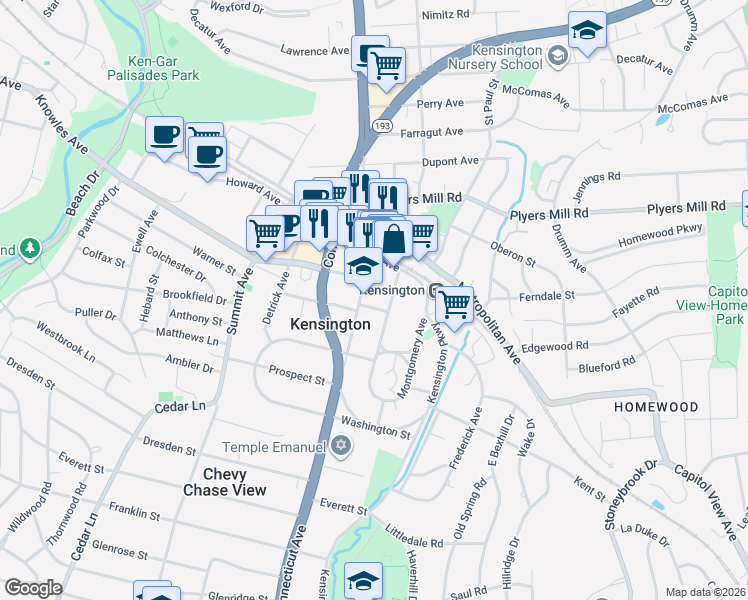 map of restaurants, bars, coffee shops, grocery stores, and more near 10401 Armory Avenue in Kensington