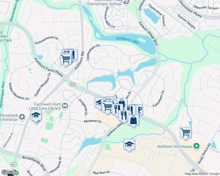 map of restaurants, bars, coffee shops, grocery stores, and more near 21320 Comus Court in Ashburn