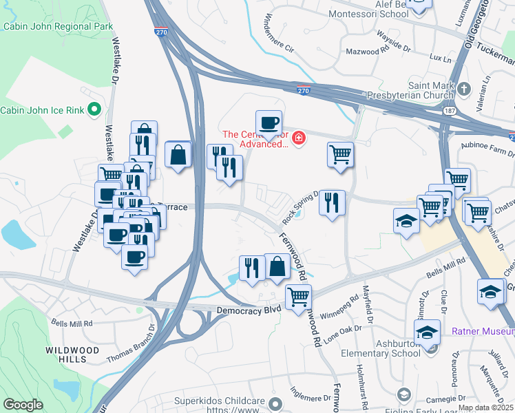 map of restaurants, bars, coffee shops, grocery stores, and more near 10441 Fernwood Road in Bethesda