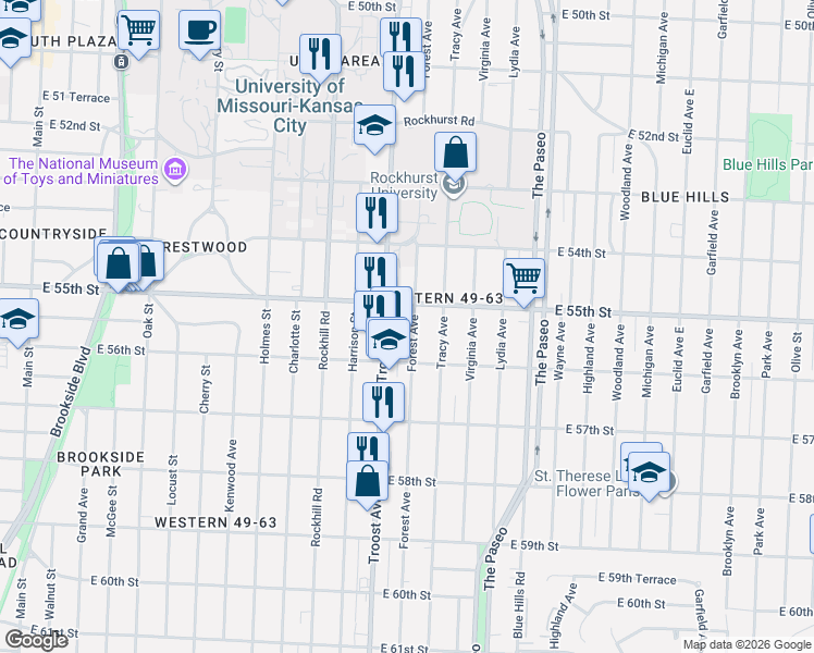map of restaurants, bars, coffee shops, grocery stores, and more near 5514 Forest Avenue in Kansas City