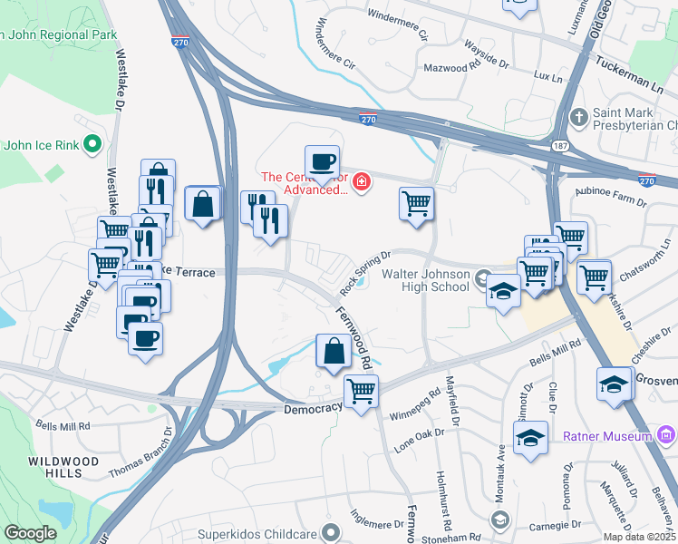 map of restaurants, bars, coffee shops, grocery stores, and more near 6624 Eames Way in Bethesda
