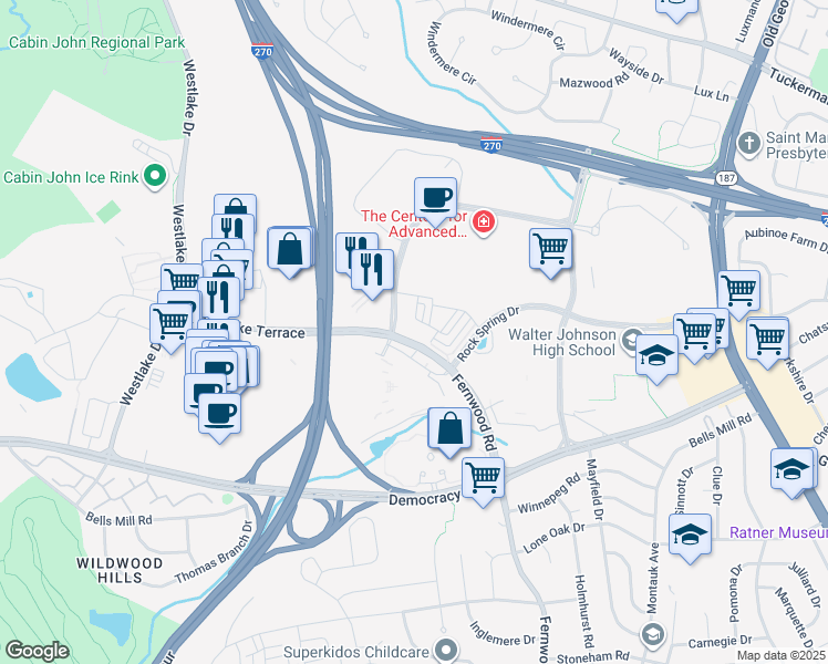 map of restaurants, bars, coffee shops, grocery stores, and more near 10447 Fernwood Road in Bethesda