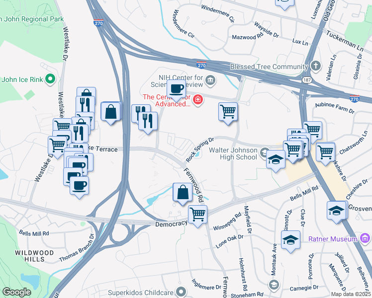 map of restaurants, bars, coffee shops, grocery stores, and more near 6624 Eames Way in Bethesda