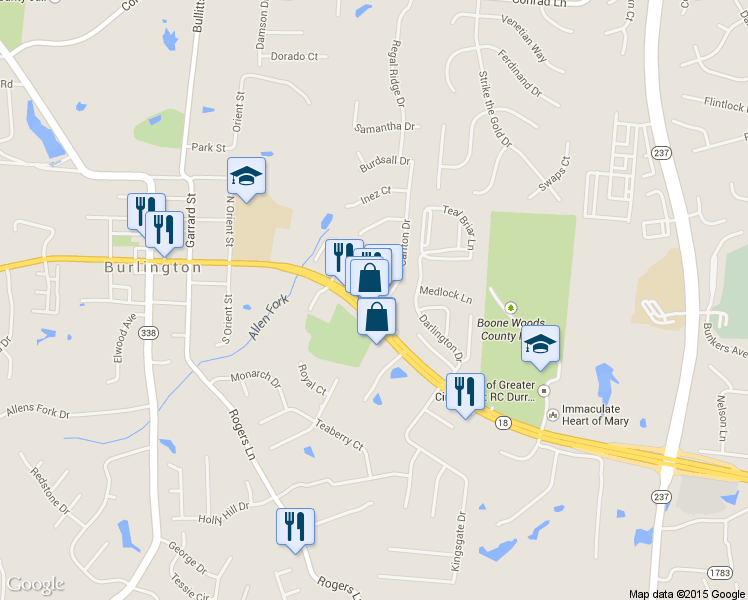 map of restaurants, bars, coffee shops, grocery stores, and more near 5991 Carlton Drive in Burlington