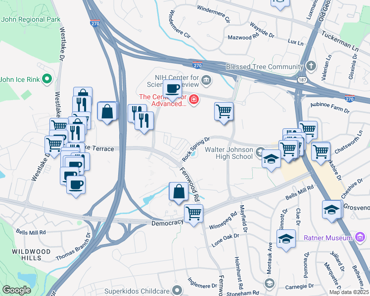 map of restaurants, bars, coffee shops, grocery stores, and more near 6571 Rock Spring Drive in Bethesda