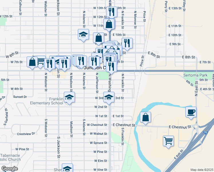 map of restaurants, bars, coffee shops, grocery stores, and more near 104 West 4th Street in Junction City