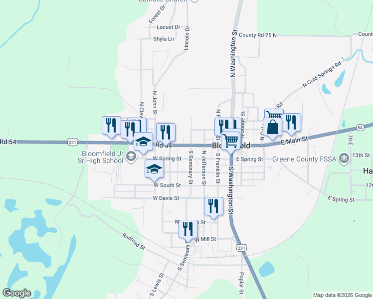 map of restaurants, bars, coffee shops, grocery stores, and more near 220 West Main Street in Bloomfield