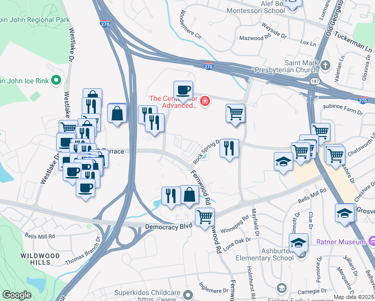 map of restaurants, bars, coffee shops, grocery stores, and more near 6631 Eames Way in Bethesda