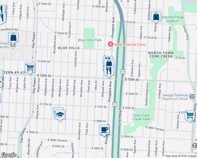 map of restaurants, bars, coffee shops, grocery stores, and more near 2406 East 55th Street in Kansas City