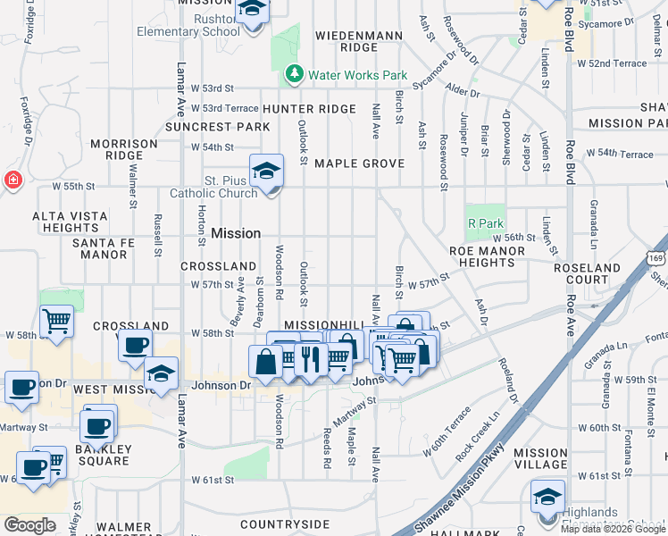 map of restaurants, bars, coffee shops, grocery stores, and more near 5612 Reeds Road in Mission