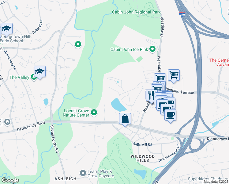 map of restaurants, bars, coffee shops, grocery stores, and more near 10448 Parthenon Court in Bethesda