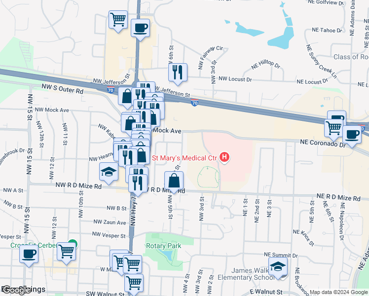 map of restaurants, bars, coffee shops, grocery stores, and more near 728 Northwest 5th Street in Blue Springs