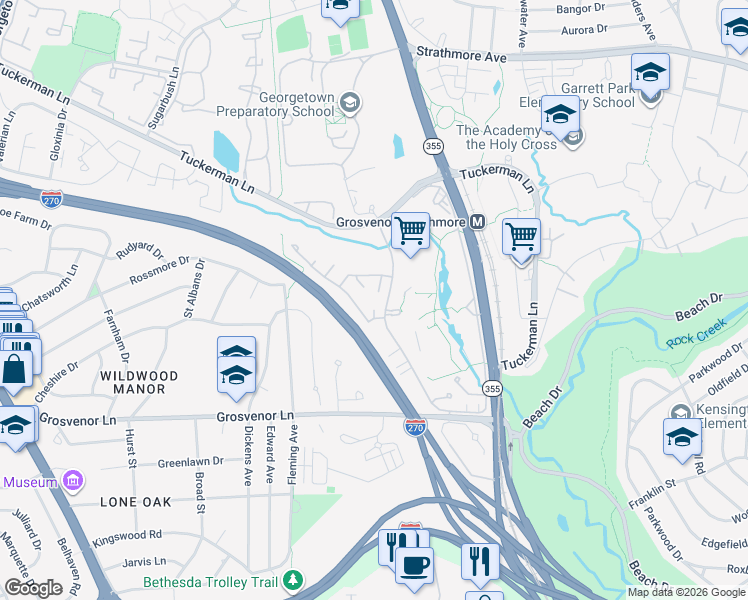 map of restaurants, bars, coffee shops, grocery stores, and more near 29 Grove Ridge Court in Rockville