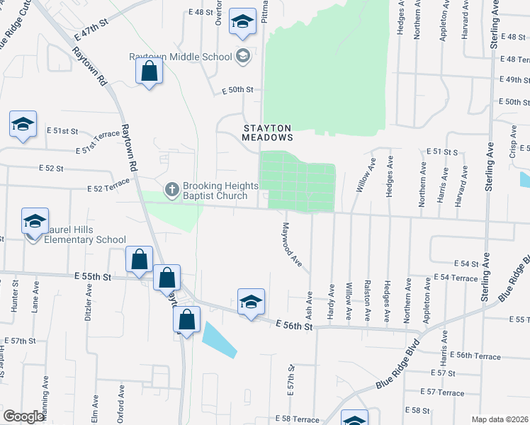 map of restaurants, bars, coffee shops, grocery stores, and more near 9912 East 53 Street in Raytown