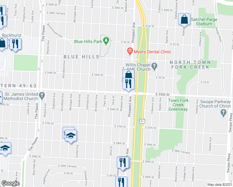 map of restaurants, bars, coffee shops, grocery stores, and more near 2406 East 55th Street in Kansas City