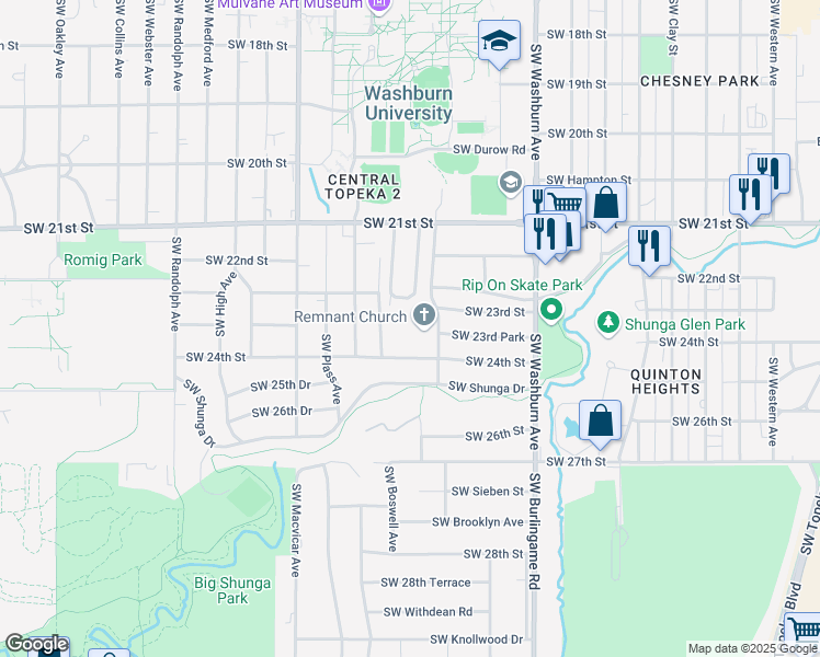 map of restaurants, bars, coffee shops, grocery stores, and more near 2303 Southwest College Avenue in Topeka