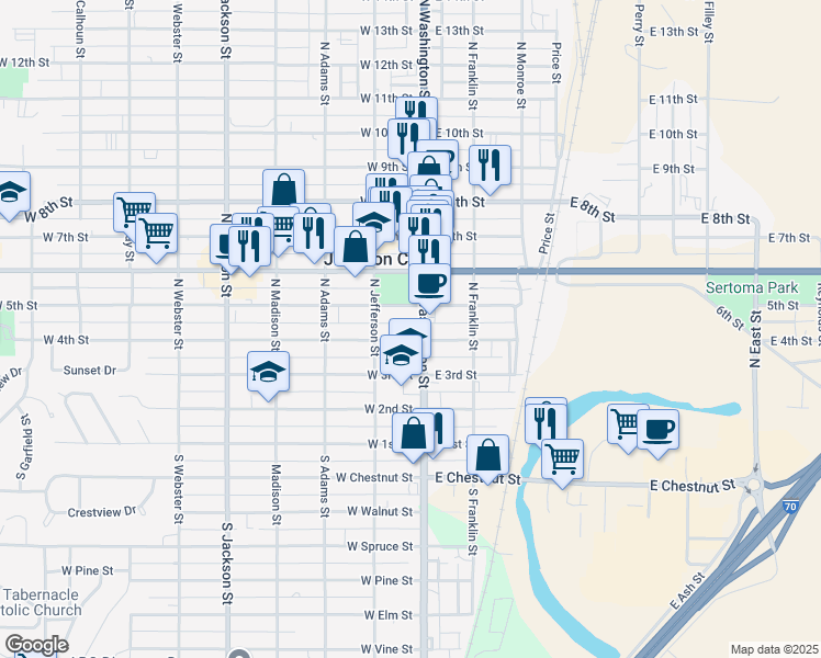 map of restaurants, bars, coffee shops, grocery stores, and more near 448-498 North Washington Street in Junction City