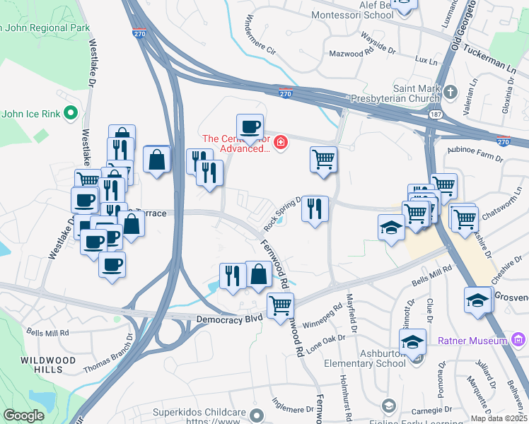 map of restaurants, bars, coffee shops, grocery stores, and more near 6622 Eames Way in Bethesda