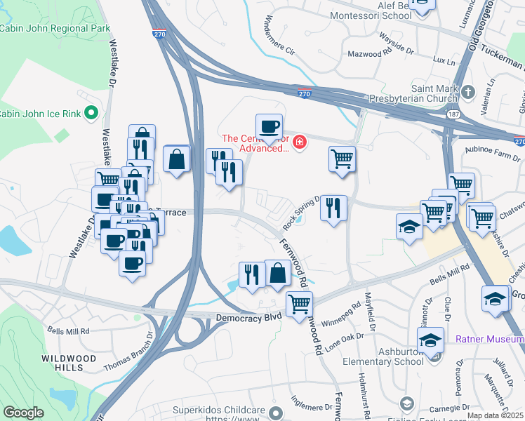 map of restaurants, bars, coffee shops, grocery stores, and more near 6684 Eames Way in Bethesda