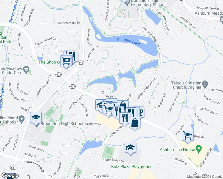 map of restaurants, bars, coffee shops, grocery stores, and more near 21320 Comus Court in Ashburn