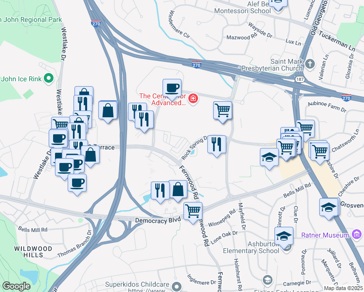 map of restaurants, bars, coffee shops, grocery stores, and more near 6622 Eames Way in Bethesda