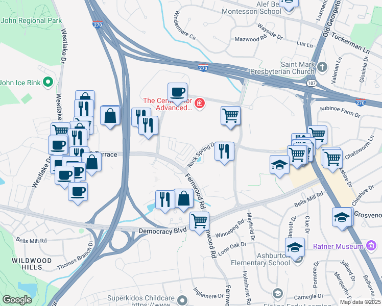 map of restaurants, bars, coffee shops, grocery stores, and more near 6569 Rock Spring Drive in Bethesda