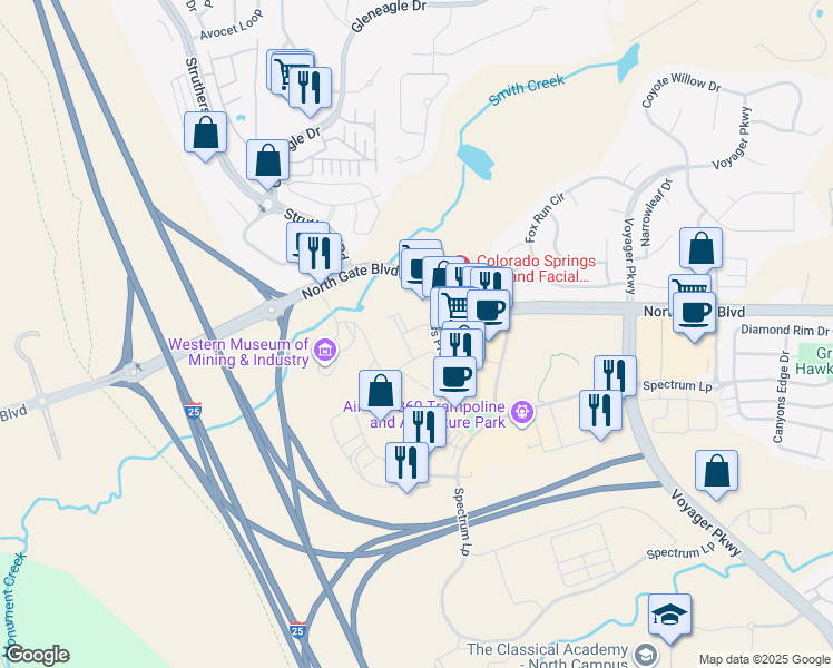 map of restaurants, bars, coffee shops, grocery stores, and more near 13012 Bass Pro Drive in Colorado Springs