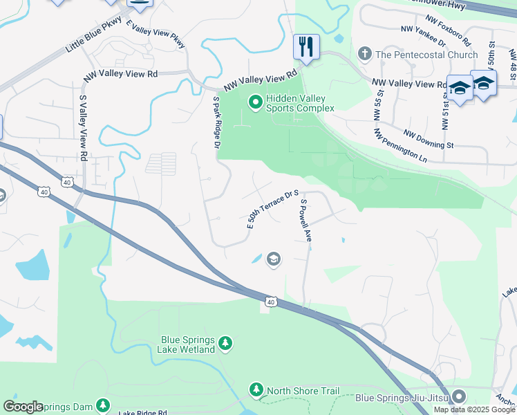 map of restaurants, bars, coffee shops, grocery stores, and more near 20913 East 50th Street Court South in Blue Springs