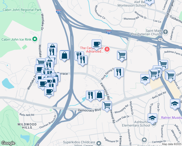 map of restaurants, bars, coffee shops, grocery stores, and more near 10451 Fernwood Road in Bethesda