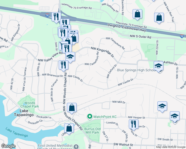 map of restaurants, bars, coffee shops, grocery stores, and more near 3009 Northwest Bristol Court in Blue Springs