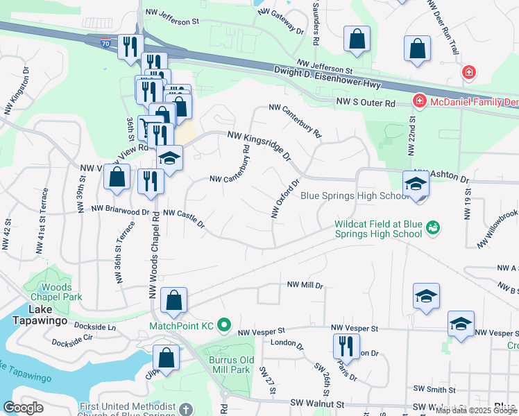 map of restaurants, bars, coffee shops, grocery stores, and more near 2913 Northwest Bristol Court in Blue Springs