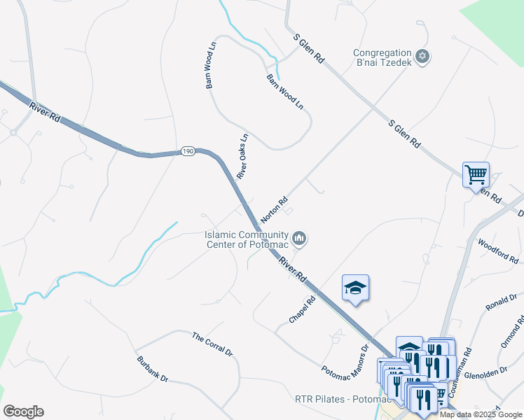 map of restaurants, bars, coffee shops, grocery stores, and more near 10100 Norton Road in Potomac