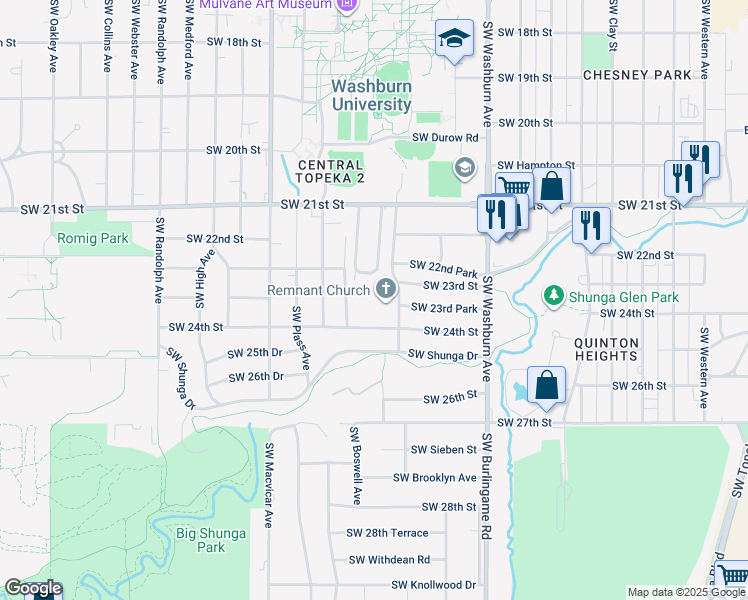 map of restaurants, bars, coffee shops, grocery stores, and more near 2303 Southwest College Avenue in Topeka