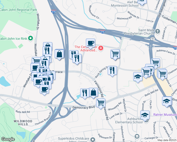map of restaurants, bars, coffee shops, grocery stores, and more near 6684 Eames Way in Bethesda