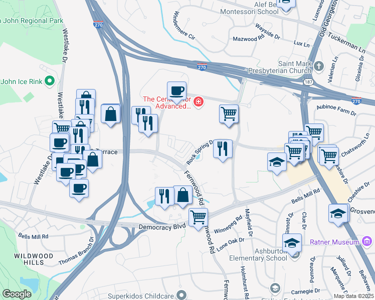 map of restaurants, bars, coffee shops, grocery stores, and more near 6618 Eames Way in Bethesda