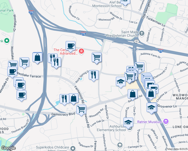 map of restaurants, bars, coffee shops, grocery stores, and more near 6500 Rock Spring Drive in Bethesda