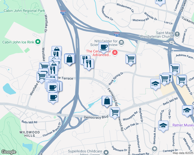 map of restaurants, bars, coffee shops, grocery stores, and more near 10457 Fernwood Road in Bethesda