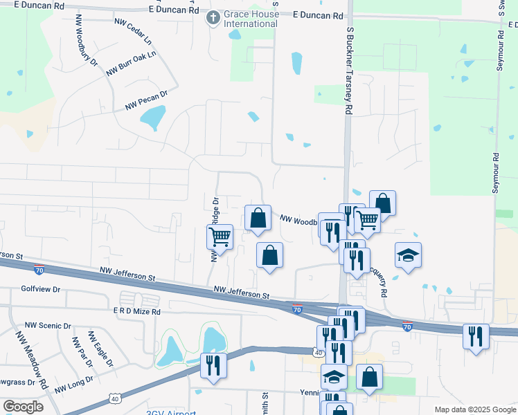 map of restaurants, bars, coffee shops, grocery stores, and more near 317 Northwest Woodbury Drive in Grain Valley