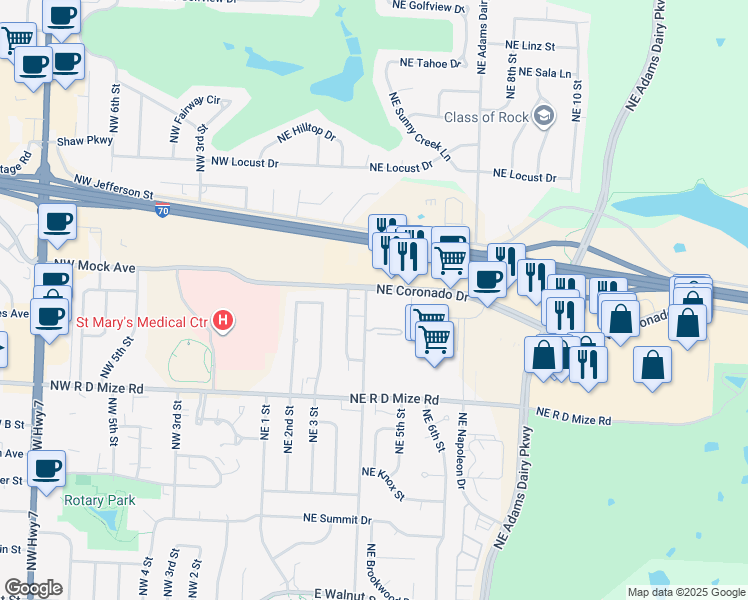 map of restaurants, bars, coffee shops, grocery stores, and more near 485 Northeast Coronado Drive in Blue Springs