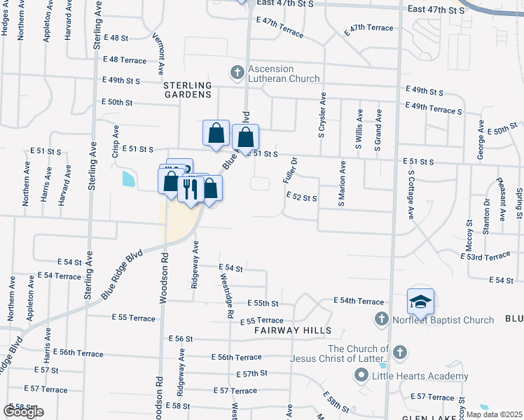 map of restaurants, bars, coffee shops, grocery stores, and more near 5224 Fuller Drive in Kansas City